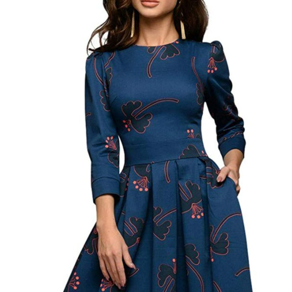 Simple Flavor Women's Floral Evening Flare Vintage Midi Dress 3/4 Sleeve